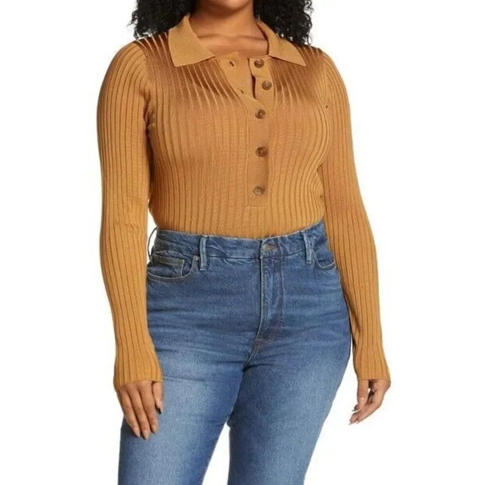 Good American Plaited Rib Polo Shirt In Bronze Brown Button Up Women's Size 1/2